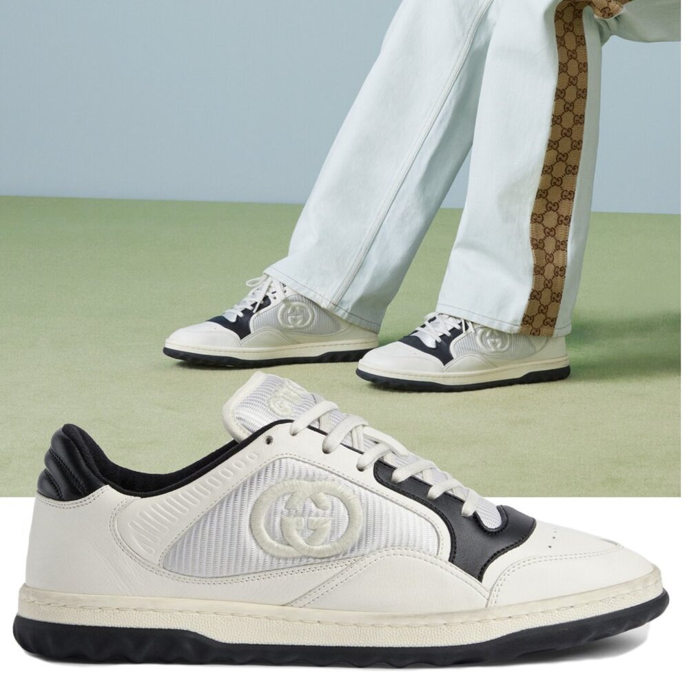 GUCCI SNEAKERS MAC 80 EMBROIDERED LOGO DISTRESSED LEATHER SHOES  sz 8 8.5 US